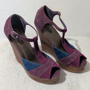 Rue21 Suede Colorblock Wedge Sandals Purple Blue Peep Toe Size 6/7 S